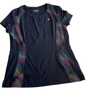 Fila scoop neck, short sleeve T-shirt, black with multicolor set-in, women's L